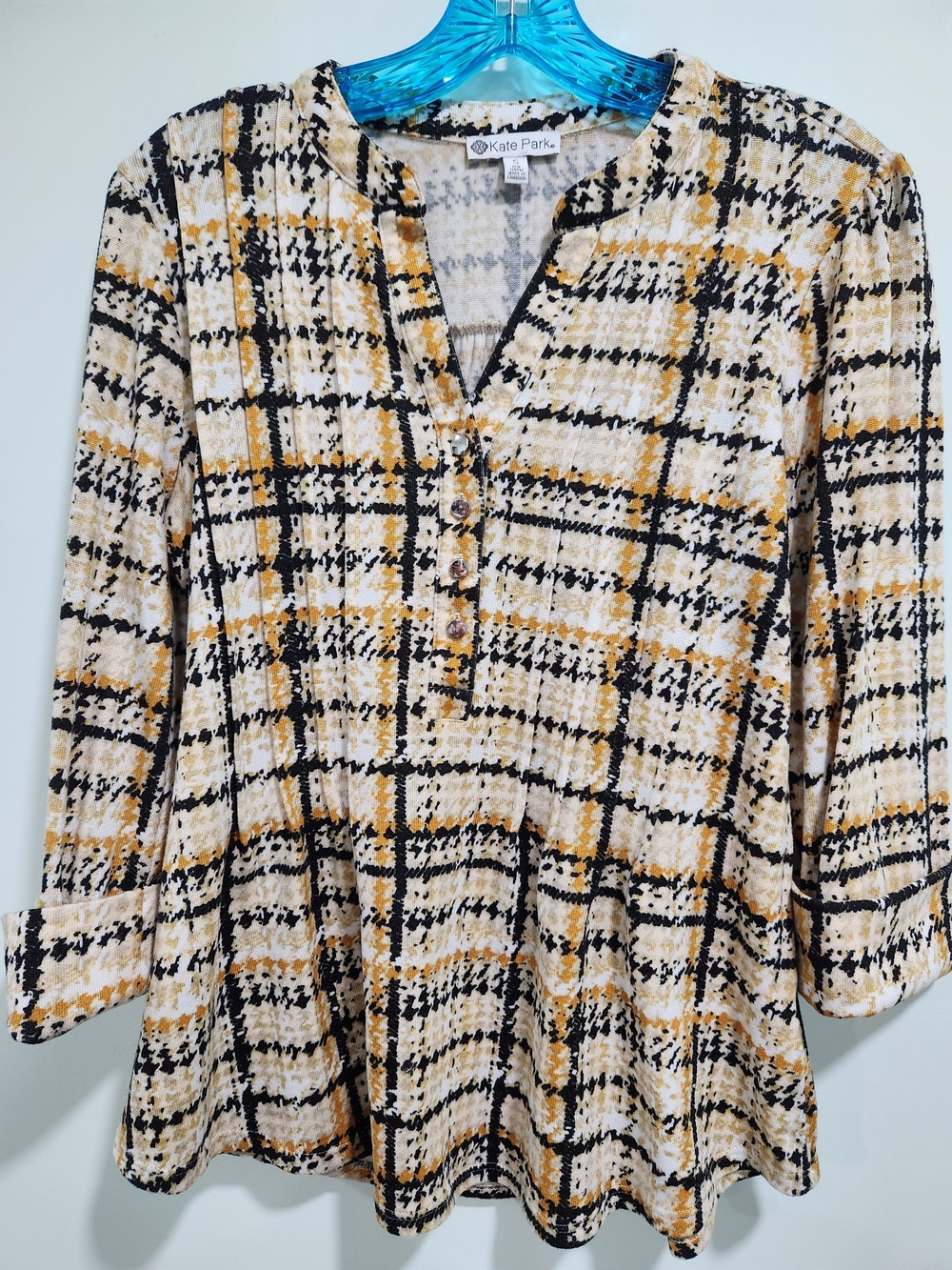 Kate Park Black & Mustard Plaid Women's Henley Top